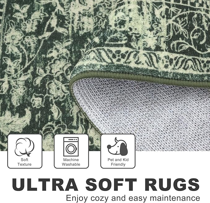KILOCOCO Moroccan Small Area Rug 2x3 Entryway Rugs Printed Vintage Floral Washable Rug Non-Slip Kitchen Rug Indoor Door Mat, Accent Throw Small Rugs for Laundry Room Bedroom Entrance, Green