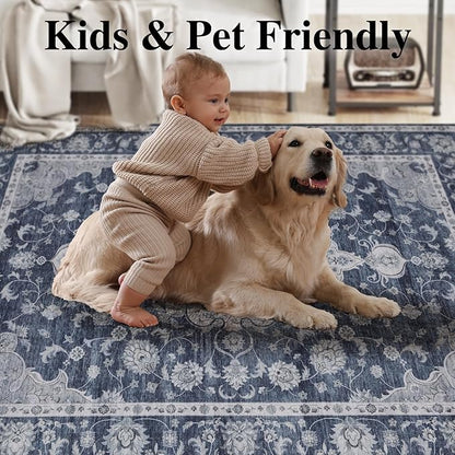 DUKINO 9x12 Area Rugs, Non Slip Distressed Living Room Rugs, Soft Large Washable Area Rugs with Low Pile & No Shedding, Faux Wool Rugs for Bedroom Aesthetic, Dining Room, Blue