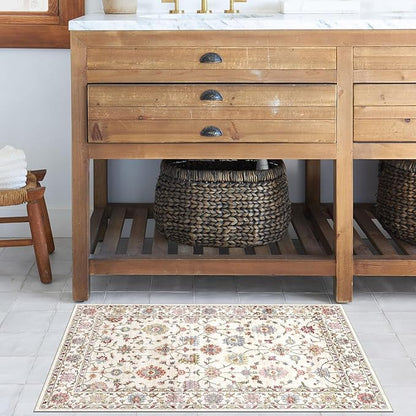 2x3 Washable Entryway Rug - Small Entry Rug Non-Slip Cream Colorful Vintage Traditional Floral Kitchen Rugs Low Pile Boho Carpet Throw Rugs for Bedroom Bathroom Entrance Dorm Laundry Room