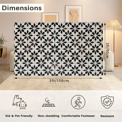 Black Beige Vintage Washable 3x5 Area Rugs for Living Room, Thin Low Pile Contemporary Carpet, Non-Slip Base Lightweight Rug