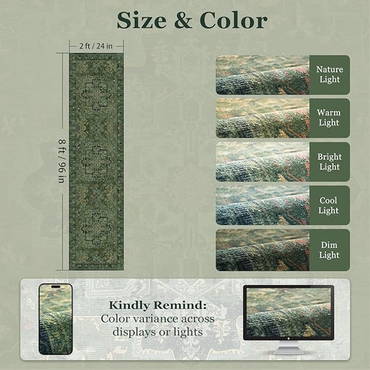 Tranditional Medallion 2x8 Dark Green Runners for Hallways Entryway, Low Pile Washable Non Slip Distressed Printed Carpet Runner Rug 8ft for Kitchen/Bedroom Bedside/Laundry Room/Bathroom