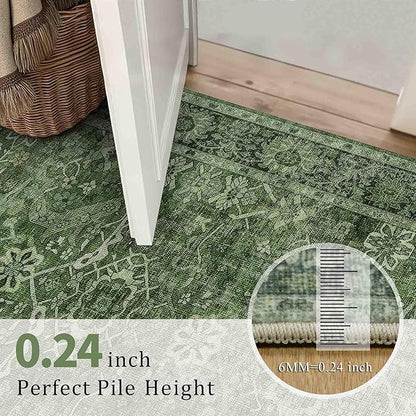 2x8 Runner Rug Green Vintage Washable Runner Rugs for Hallway Kitchen Low Pile Non-Slip Retro Distressed Accent Throw Carpet for Entryway Bathroom Bedroom Green