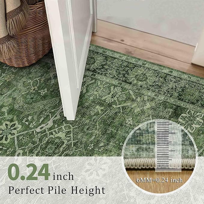 10x14 Washable Area Rug Green Vintage Rug for Living Room Bedroom Low Pile Soft Non-Slip Boho Rug for Under Table Boho Distressed Retro Carpet for Bedroom Dining Room