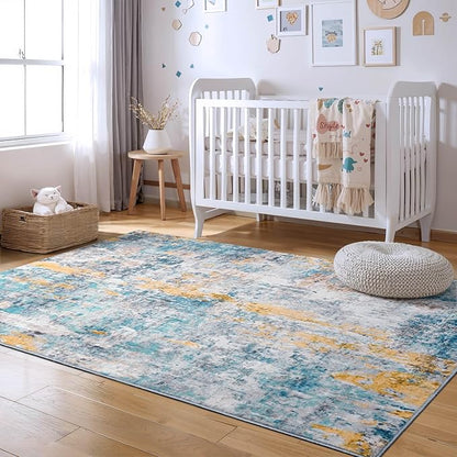 Area Rug 4x6 Blue Rug Washable Boho Rugs Non Slip Low Pile Abstract Small Carpet for Entryway, Bedroom, Kitchen, Classroom, Kids Room, Office, Dorm, Dining Room