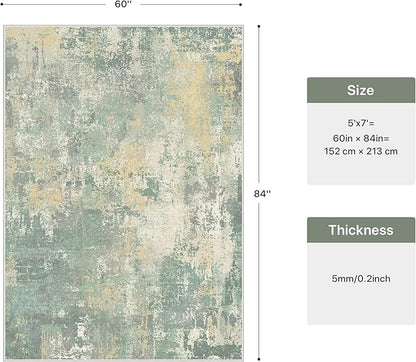 5x7 Area Rugs Washable Green Rug for Living Room Bedroom, Abstract Modern Large Rug Non Slip, Water Repellent Low Pile Soft Carpet for Dining Room, Grey Green