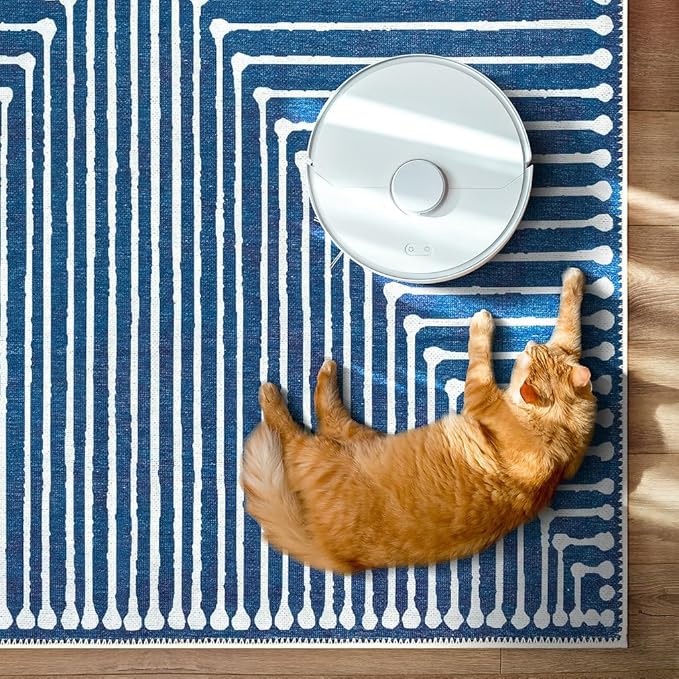 GLN Rugs Contemporary Collection - Machine Washable Area Rug, Contemporary Washable, Non Slip, Low Pile Chenille Rug, Living Room, Bedroom, Kitchen Rug (5'3" Round Lines Blue)
