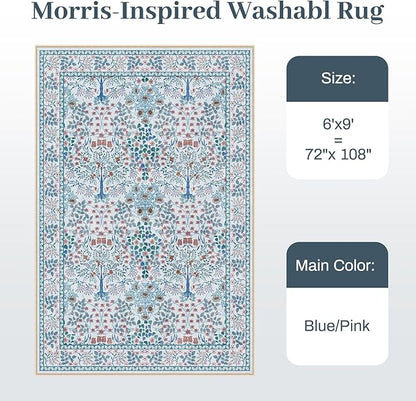 6x9 Area Rugs Living Room Rug - Floral Vintage Morris-Inspired Washable Carpet, Low Pile Non-Shedding Stain Resistance Boho Soft Carpet for Bedroom, Dining Room, Office, Farmhouse (6'x9' Blue/Pink)