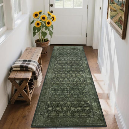 2'6x8' Washable Runner Rug for Hallway, Non Slip Vintage Floral Long Carpet Runners for Entryway, Kitchen, Bathroom, Bedroom, Low Pile Laundry Rugs Rubber Backing (Distressed Green)