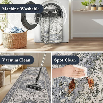 PURRUGS Vintage Farmhouse Boho Runner Rug 2'6" x 6', Non-Slip Machine Washable Rug, Accent Area Rug for Kitchen, Hallway, Entryway, Bedroom, Living Room and Dining Room, Periwinkle Gray/Soft Ivory