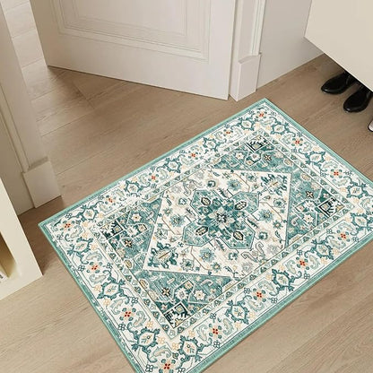 VK VK·LIVING Entryway Washable Rug 2'x3' Small Boho Bathroom Throw Area Rug Non Slip Doormat Indoor Front Door Machine Washable Carpet for Bathroom Kitchen Vintage (Green Beige)