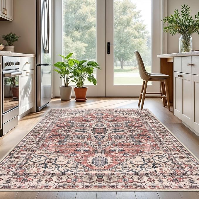 KOZYFLY Boho Area Rug 5x7 Ft Thin Washable Rugs for Living Room Faux Wool Throw Carpet Printed Non Slip Rug for Entryway Bedroom Dining Room Living Space, Terracotta/Beige