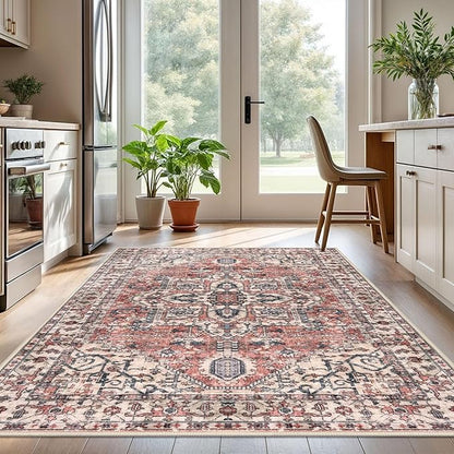 KOZYFLY Boho Area Rug 5x7 Ft Thin Washable Rugs for Living Room Faux Wool Throw Carpet Printed Non Slip Rug for Entryway Bedroom Dining Room Living Space, Terracotta/Beige