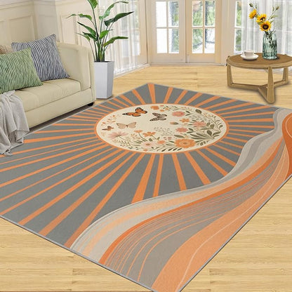 Boho Sun Area Rugs 5x6ft, Minimalist Line Rugs for Kids Bedroom, Geometric Solar Office Rug Low Pile are Not Stumbling Foot for Living Room End Table Nursery