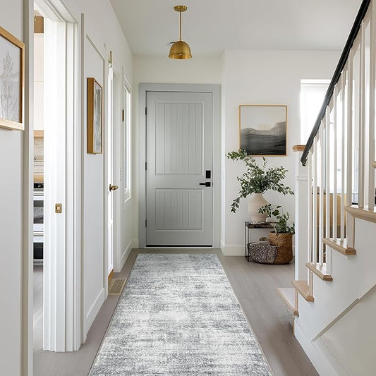 Modern Abstract Neutral 3x8 Runner Rug for Hallway Low Pile Non Slip Washable Rugs Floor Covering Grey Carpet Runners for Kitchen Laundry Room
