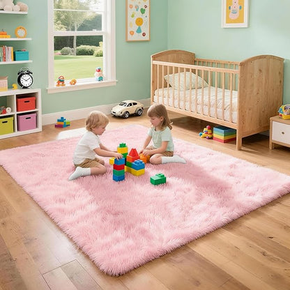 4x6 Solid Fluffy Pink Area Rug – Washable, Durable, Living Room Rug, Non-Slip High Pile Shag Rugs for Bedroom, Living Room, Bedside, Dorms, Nursery Rooms, Kids Room, Soft Indoor Floor Carpet