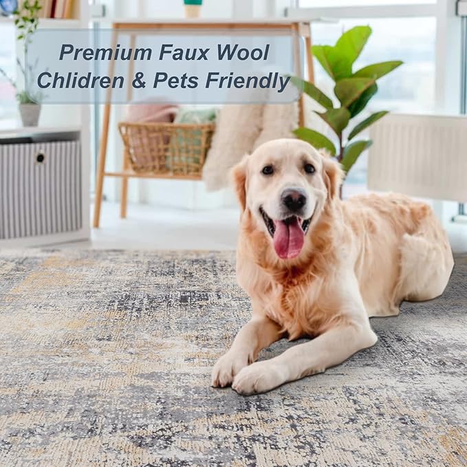 Area Rug 5×7, Vintage Boho Rug,Ultra-Soft Low Pile, Washable, Non Slip,Stain Resistant Printed Carpet for Living Room Bedrooms Playroom Office Kitchen, Gold/Grey