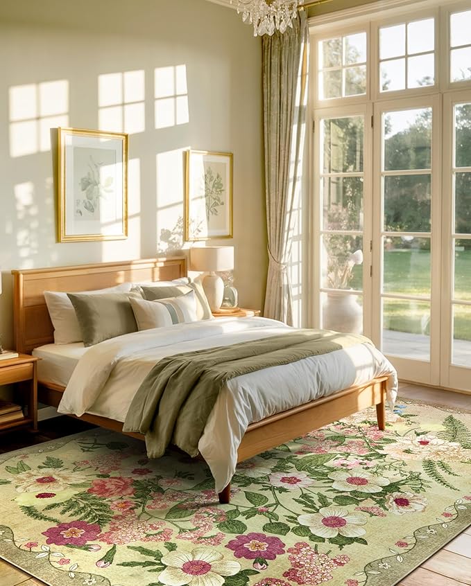 Floral Rug for Living Room - 4x6 Washable Area Rugs Non-Slip Soft Low-Pile Stain Resistant Carpet Flower Vintage Indoor Rug for Bedroom Dining Room Office Nursery Room, Brown