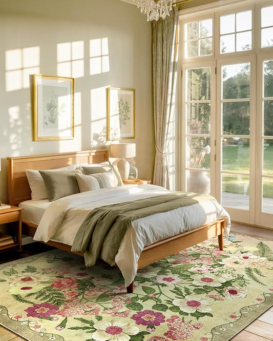 Floral Rug for Living Room - 4x6 Washable Area Rugs Non-Slip Soft Low-Pile Stain Resistant Carpet Flower Vintage Indoor Rug for Bedroom Dining Room Office Nursery Room, Brown