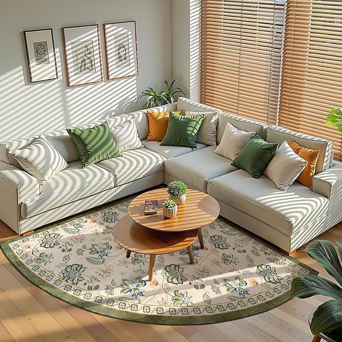 jinchan Elora Floral Corner Rug for Living Room Washable Bedroom Rug Vintage Romance Design Non Slip Quarter Circle Lightweight Low-Pile Throw Carpet for Reading Nook Playroom,6ft Radius, Green/Beige