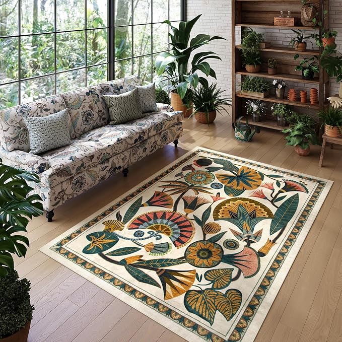 Egypt Floral Washable Area Rugs for Living Room 5x7 Boho Large Vintage Beige Bedroom Dining Room Rug,Non Slip Soft Throw Carpet for Entryway Kitchen Office Hardwood Playroom (5 x 7)