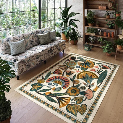 Egypt Floral Washable Area Rugs for Living Room 5x7 Boho Large Vintage Beige Bedroom Dining Room Rug,Non Slip Soft Throw Carpet for Entryway Kitchen Office Hardwood Playroom (5 x 7)