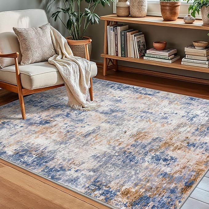 Modern Abstract Small Area Rug Indoor, Grey Blue Orange Multi 3x5 Washable Rug Non-Slip Soft Entryway Rug Kitchen Mats Thin Print Faux Wool Floor Carpet Colorful Throw Rugs for Entrance Bedroom