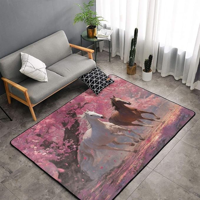 Galloping Horse Cherry Blossom Area Rug Washable Outdoor Rugs Anti-Slip Soft Carpet Entryway Indoor Door Mat for Bedroom,Living Room,Porch,Terrace and Entrance Decor 3'x 2'