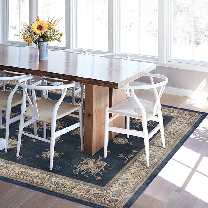 RUGGABLE Washable Vintage Area Rug – Verena Sapphire 6x9, Stain-Resistant, Non-Slip – Medium Machine Washable Rugs for Living Room, Bedroom, Hallway, Entryway & Office–with Standard Pad