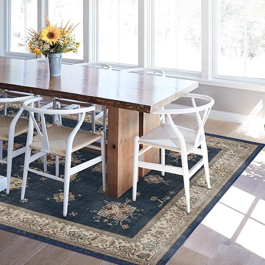 RUGGABLE Washable Vintage Area Rug – Verena Sapphire 6x9, Stain-Resistant, Non-Slip – Medium Machine Washable Rugs for Living Room, Bedroom, Hallway, Entryway & Office–with Cushioned Pad