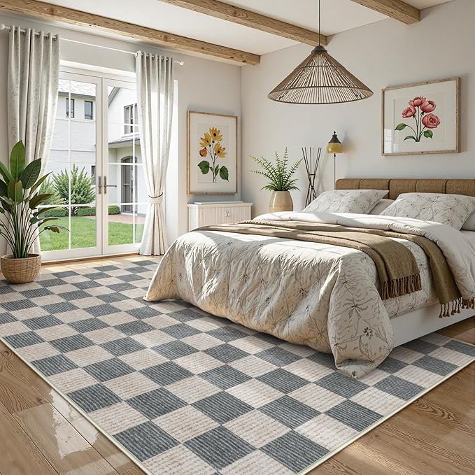 LIVEBOX Machine Washable Area Rug 6x9 Checkered, Non Slip Soft Large Bedroom Living Room Rug Farmhouse Neutral Classic Geometric Pattern Boys Rug, Indoor Carpet for Den Dorm Playroom(Grey,6'x9')