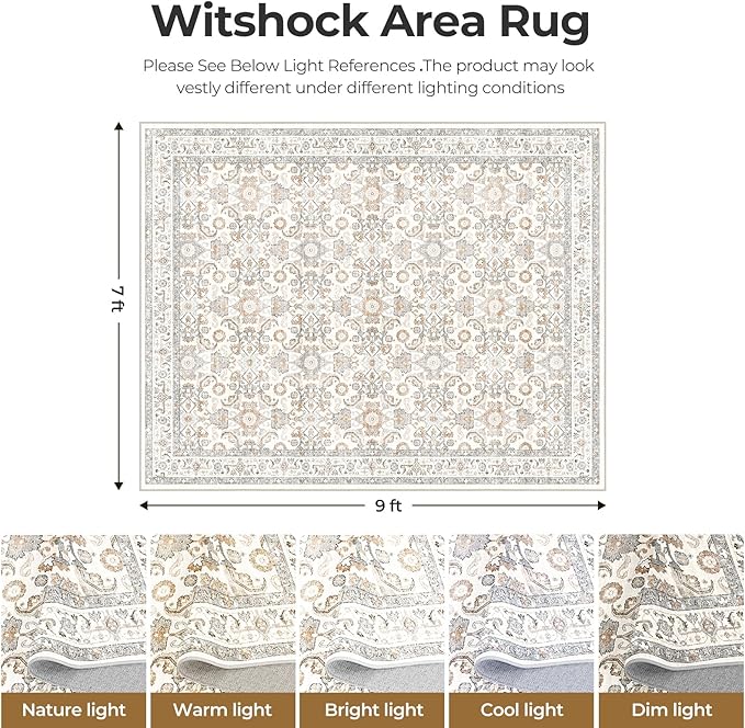 WITSHOCK Living Room Area Rugs 7x9: Soft Non-Slip Backing Washable Rugs Vintage Large Carpet for Bedroom Office Dining Room Kitchen Stain Resistant Home Decor Rug