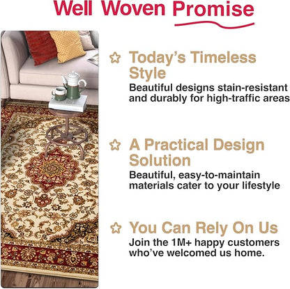 Well Woven Barclay Collection Medallion Kashan Ivory 8x10 Area Rug - for Living Room, Bedroom, and Dining Room