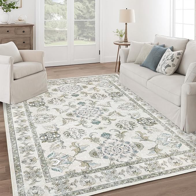 5x7 Washable Area Rugs Beige and Sage Green Vintage Boho Floral Farmhouse Rug for Living Room Bedroom, Non Slip Low Pile Carpet