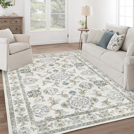 6x9 Washable Area Rugs Beige and Sage Green Vintage Boho Floral Farmhouse Rug for Living Room Bedroom, Non Slip Low Pile Carpet
