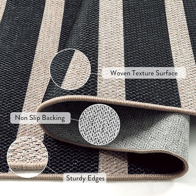 Lahome Striped Easy Jute Runner Rug, 2x8 Kitchen Rug Non Slip Washable Outdoor Runner for Entryway Indoor, Farmhouse Black Indoor Outdoor Carpet for Hallway 8ft Entry