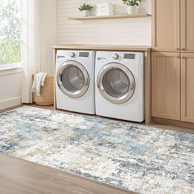 Runner Rug Non Slip Rugs: 3x10 Hallway Kitchen Washable Abstract Soft Modern Stain Resistant Indoor Floor Neutral Accent Throw Carpet for Bathroom Laundry Room Entryway Bedroom- Blue