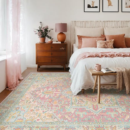 Kokia 9x12 Washable Area Rugs Blossom Pink with Vintage Orient Design, Soft Rug for Living Room or Bedroom, Non-Slip Low Pile Stain Resistance Features, Distressed Medallion Pattern