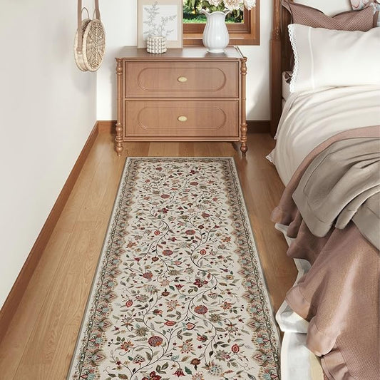 Rugcomf Vintage Paisley Kitchen Runner Rug 2'x6' - Machine Washable, Non-Slip Low Pile Floral Carpet for Laundry, Bedroom, Bathroom - Beige