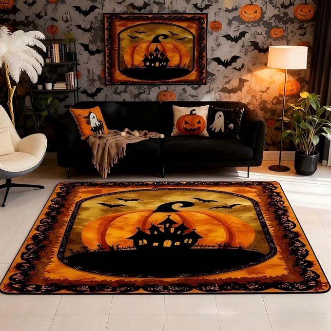 Halloween Pumpkin 3 x 5 Area Rug Spooky Haunted House Rugs for Living Room | Vintage Gothic Washable Rug, Castle Silhouette Carpet Indoor Floor Mat,Bats Halloween Decoration