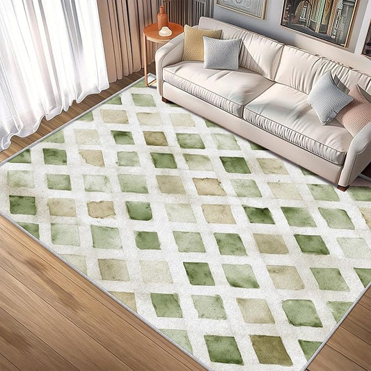 Checkered Rug, Washable 5x8 Rug for Living Room, Geometric Rhombus Patterned Indoor Carpet, Checkered Decor for Home, Bedroom, Soft Non Slip Thin Design FER39