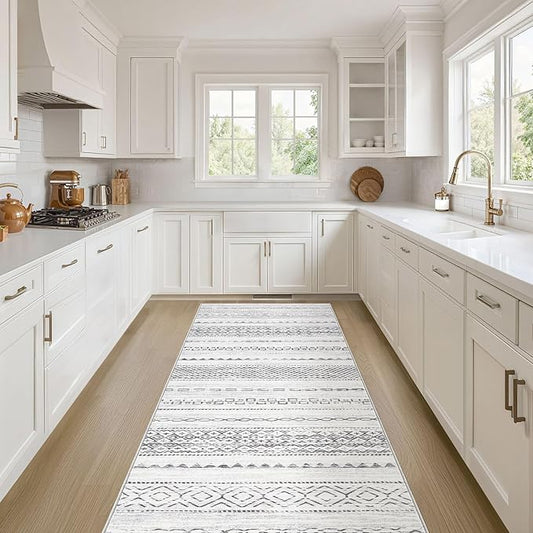 Nakagishi Runner Rug Kitchen Washable Rugs: 2x6 Non-Slip Boho Soft Modern Stain Resistant Indoor Floor Neutral Farmhouse Throw Carpet for Hallway Bathroom Laundry Room Entryway Bedroom- Grey