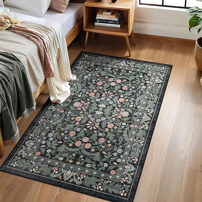 3x5 Washable Area Rug Floral Dark Green Entryway Small Rug Vintage Forest Low Pile Non Slip Stain Resistance Soft Carpet for Kitchen, Bedroom Beside, Laundry Room, Office Rug, Kids Room, Nursery Room