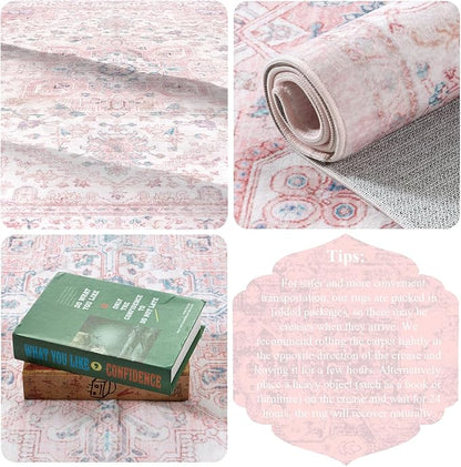 LIVEBOX Pink Washable Area Rug 5x7 - Large Vintage Tribal Living Room Non-Slip Indoor Carpet for Bedroom, Low-Pile Retro Print Distressed Accent for Nursery Dorm Home Decor