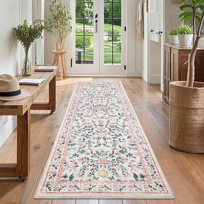 GarveeHome Washable Runner Rug 2.5 x 8 Non-Slip Non-Shedding Soft Vintage Bedside Low Pile Farmhouse Floral Carpet, Indoor Foldable Printed Entryway Rug for Hallway Kitchen, Pink