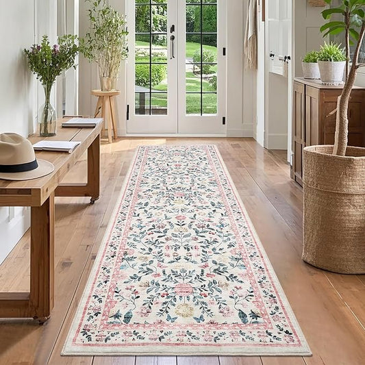 GarveeHome Washable Runner Rug 2 x 6 Non-Slip Non-Shedding Soft Vintage Bedside Rug, Low Pile Farmhouse Floral Carpet, Indoor Foldable Printed Entryway Rug for Hallway Kitchen, Pink