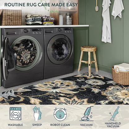 Lahome Floral Black Round Area Rug - 5Ft Washable Ultra-Thin Soft Bedroom Rug, Non-Slip Stain Resistant Circle Carpet for Living Room, Office, Dining Room, Paisley Print Accent Carpet