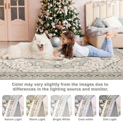 5x7 Grey Beige Area Rug for Living Room, Machine Washable Rugs with Non-Slip Backing for Bedroom, Vintage Medallion Carpet Dining Room Office Kids Room Decor