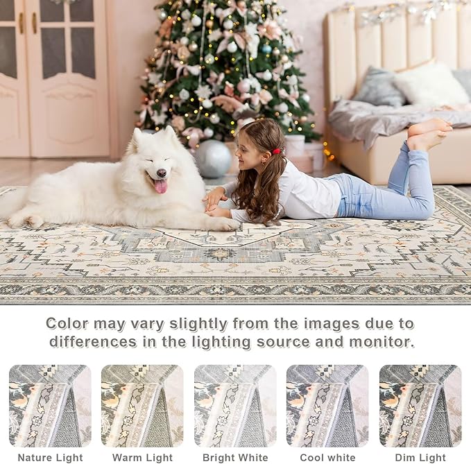 3x5 Grey Beige Area Rug for Living Room, Machine Washable Rugs with Non-Slip Backing for Bedroom, Vintage Medallion Carpet Kitchen Laundry Kids Room Decor