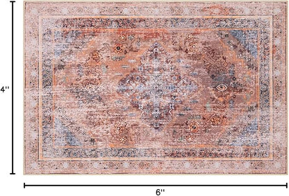 Phantoscope Washable Area Rug 4'x6' Non-Slip, Vintage Neutral Fall Rugs for Living Room, Bedroom, Dining Room, Distressed Boho Medallion Pattern, Low-Pile Foldable Floor Carpet, Rust Orange
