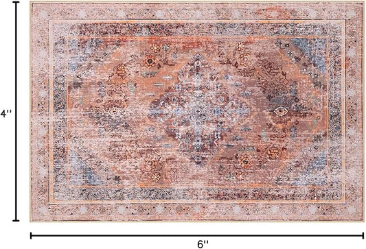Phantoscope Washable Area Rug 4'x6' Non-Slip, Vintage Neutral Fall Rugs for Living Room, Bedroom, Dining Room, Distressed Boho Medallion Pattern, Low-Pile Foldable Floor Carpet, Rust Orange